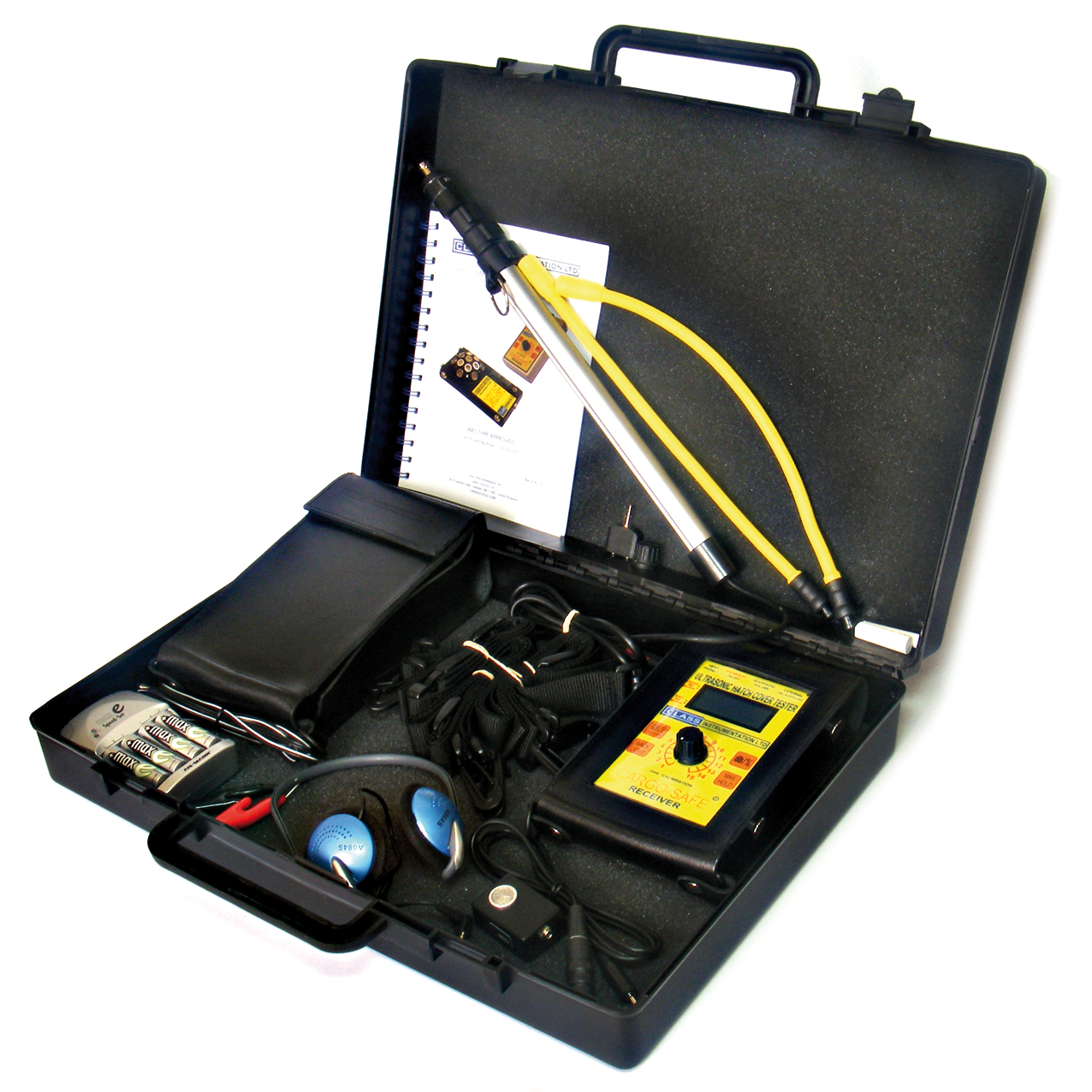 CARGO-SAFE PLUS ultrasonic hatch cover and door tester kit, full contents laid out including tripod, adapter plate, magnetic transmitter, receiver and door-testing microphone lead